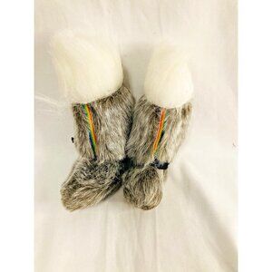 18” Doll Faux Fur Boots Gray White Rainbow Trim Winter Shoes